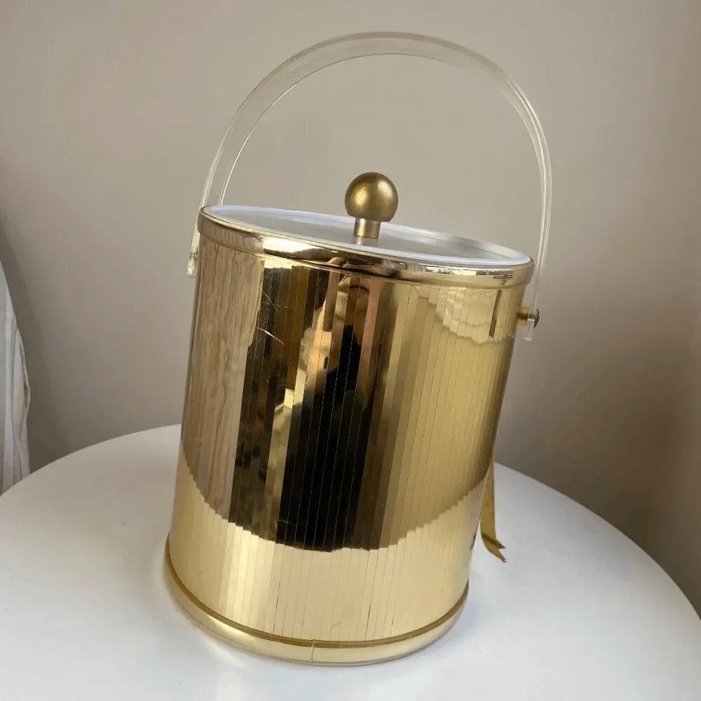 Vintage 1970s Metallic Gold Ice Bucket Clear Lucite Handle with Bar Utensils Bar